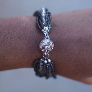 Teal Gray Multistrand Glass Beaded Magnetic Bracelet with Rhinestone Clasp